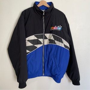 Vintage Rare Kudzu Nascar Checkered Flag Puffer Jacket - Cobalt Blue & Black